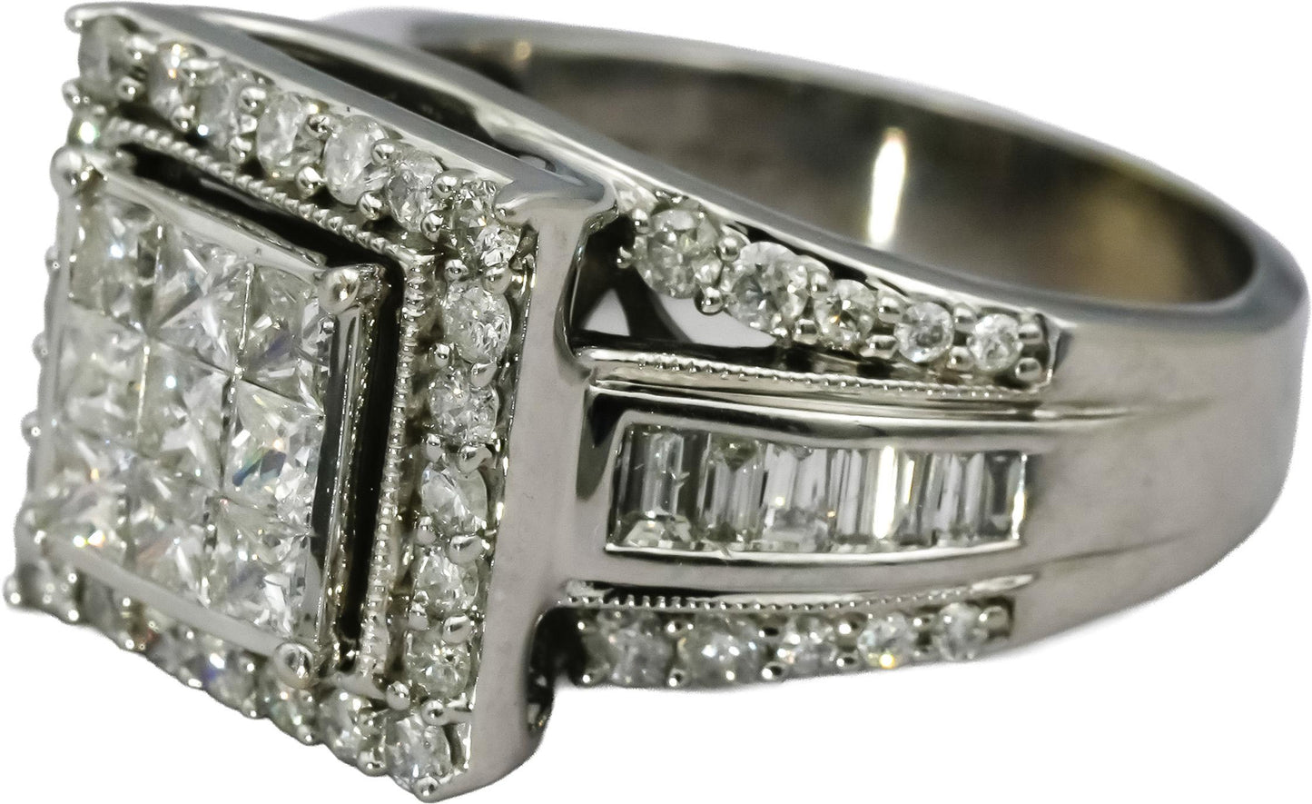 10k White Gold Princess Baguette Round Diamond Cluster Ring 2.0CT Size 8