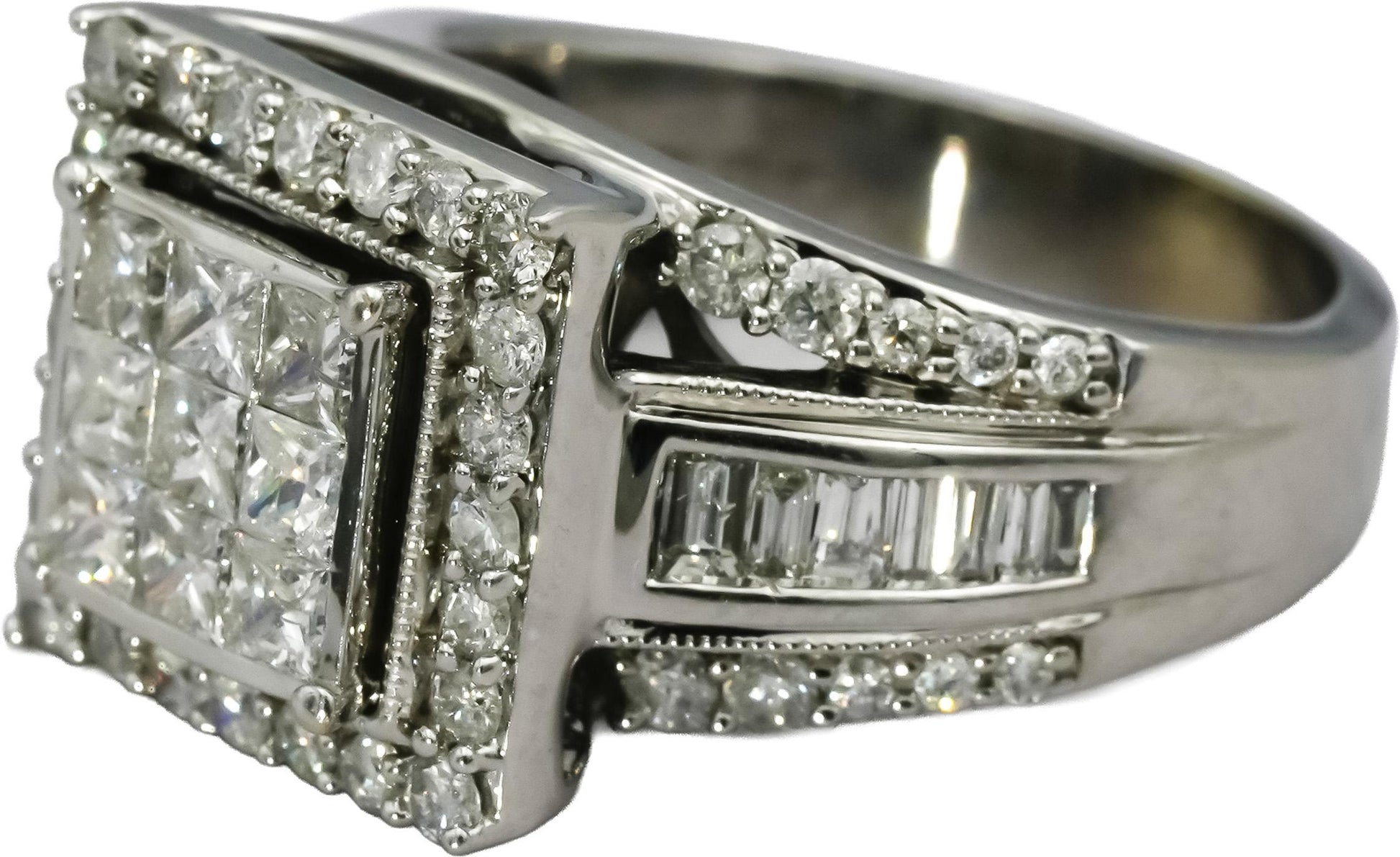 10k White Gold Princess Baguette Round Diamond Cluster Ring 2.0CT Size 8