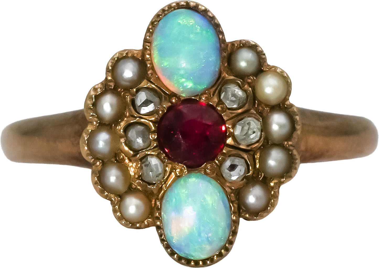 Victorian Antique 10k Gold Rose Cut Diamond Opal Ruby Pearl Cocktail Ring Size 7