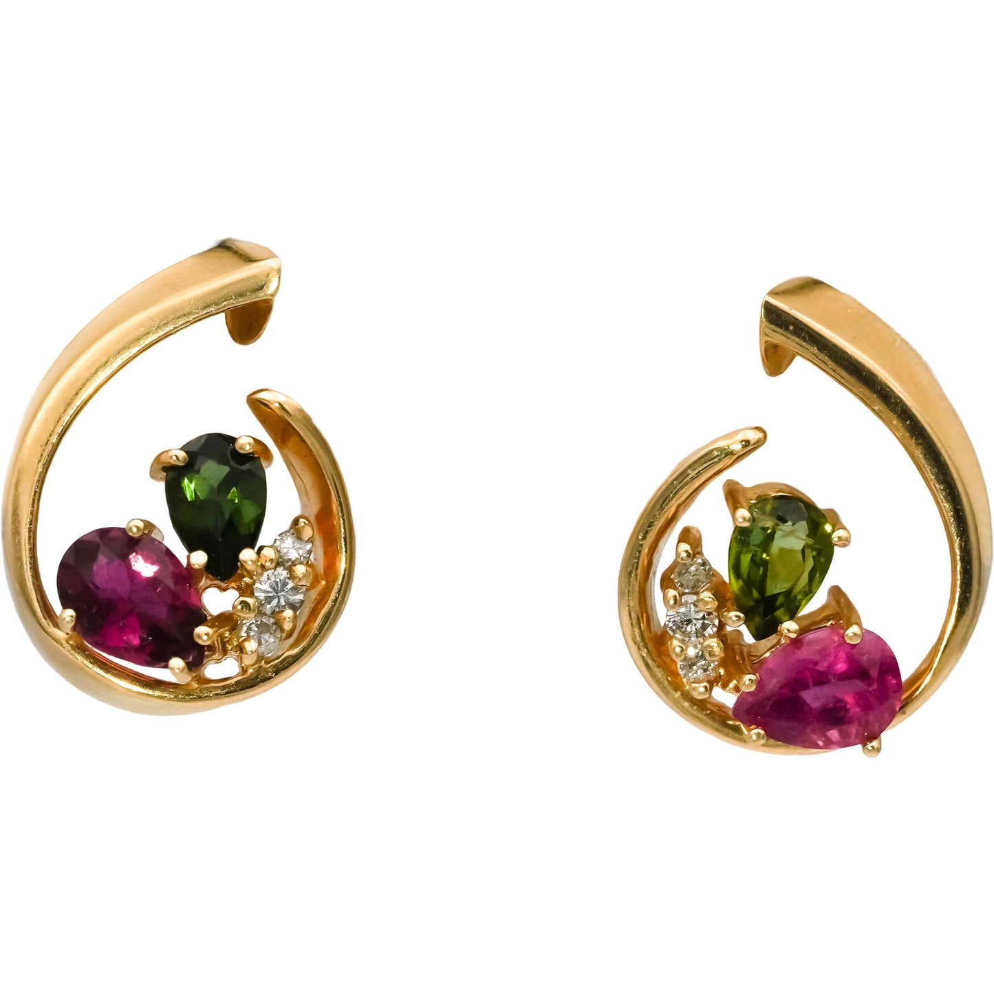 14k Yellow Gold Pink and Green Tourmaline Earrings 2.0CT w/ VS Diamond Accents