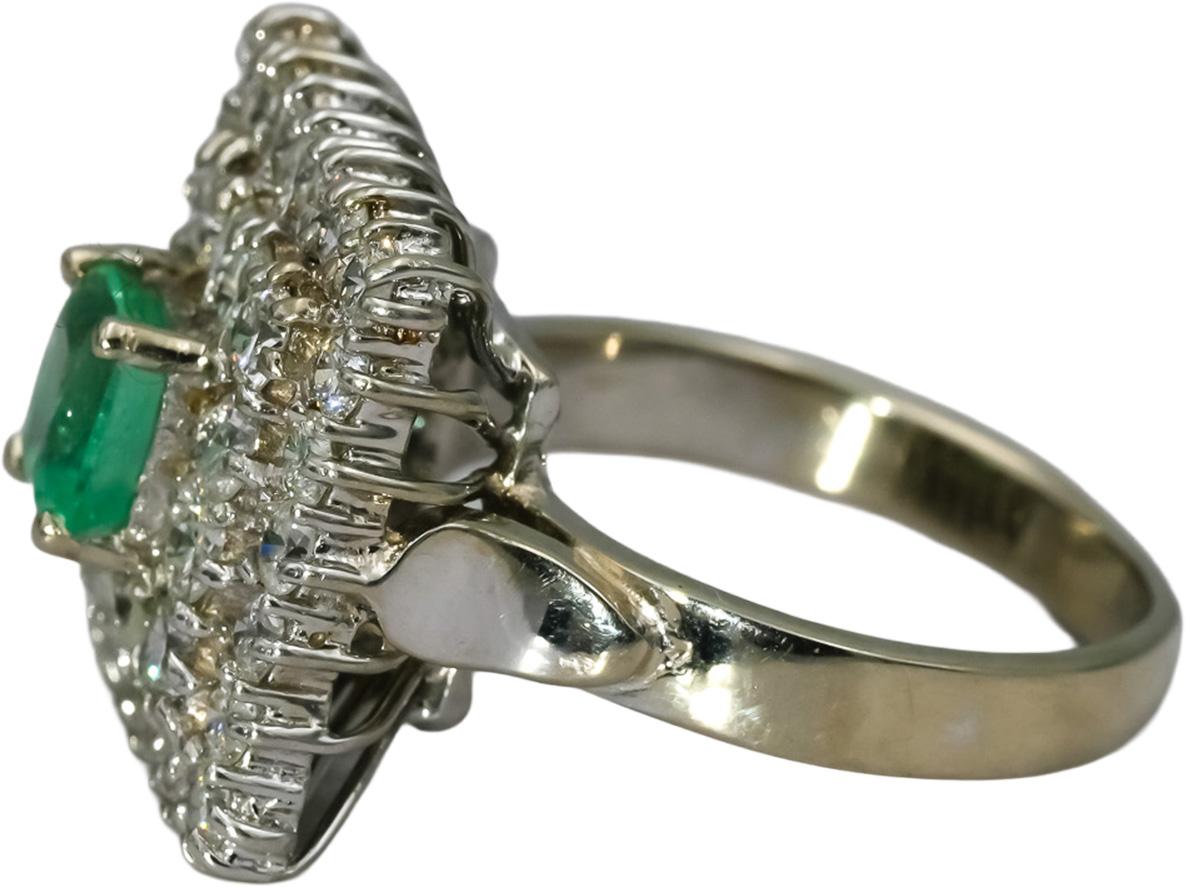 14k White Gold Round Diamond and Cushion Emerald Cocktail Ring 1.90CT Size 6.75