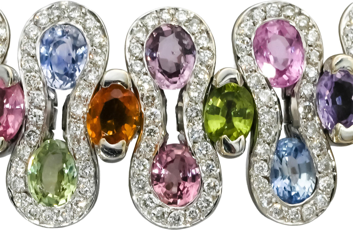 18k White Gold Diamond and Rainbow Sapphire Fancy Link Bracelet 4.0CT