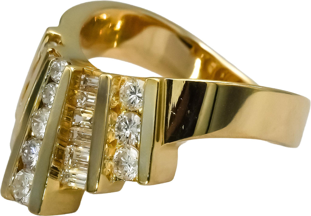 14k Yellow Gold Round and Baguette Cut Diamond Crown Ring 0.90CT Size 6.25