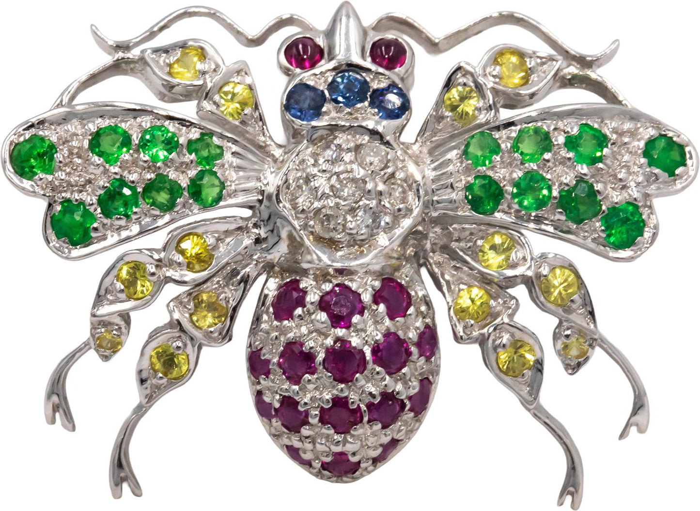 18k White Gold 0.85CT Diamond Ruby Sapphire Peridot Citrine Insect Fly Brooch