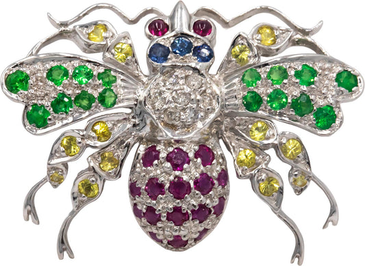 18k White Gold 0.85CT Diamond Ruby Sapphire Peridot Citrine Insect Fly Brooch