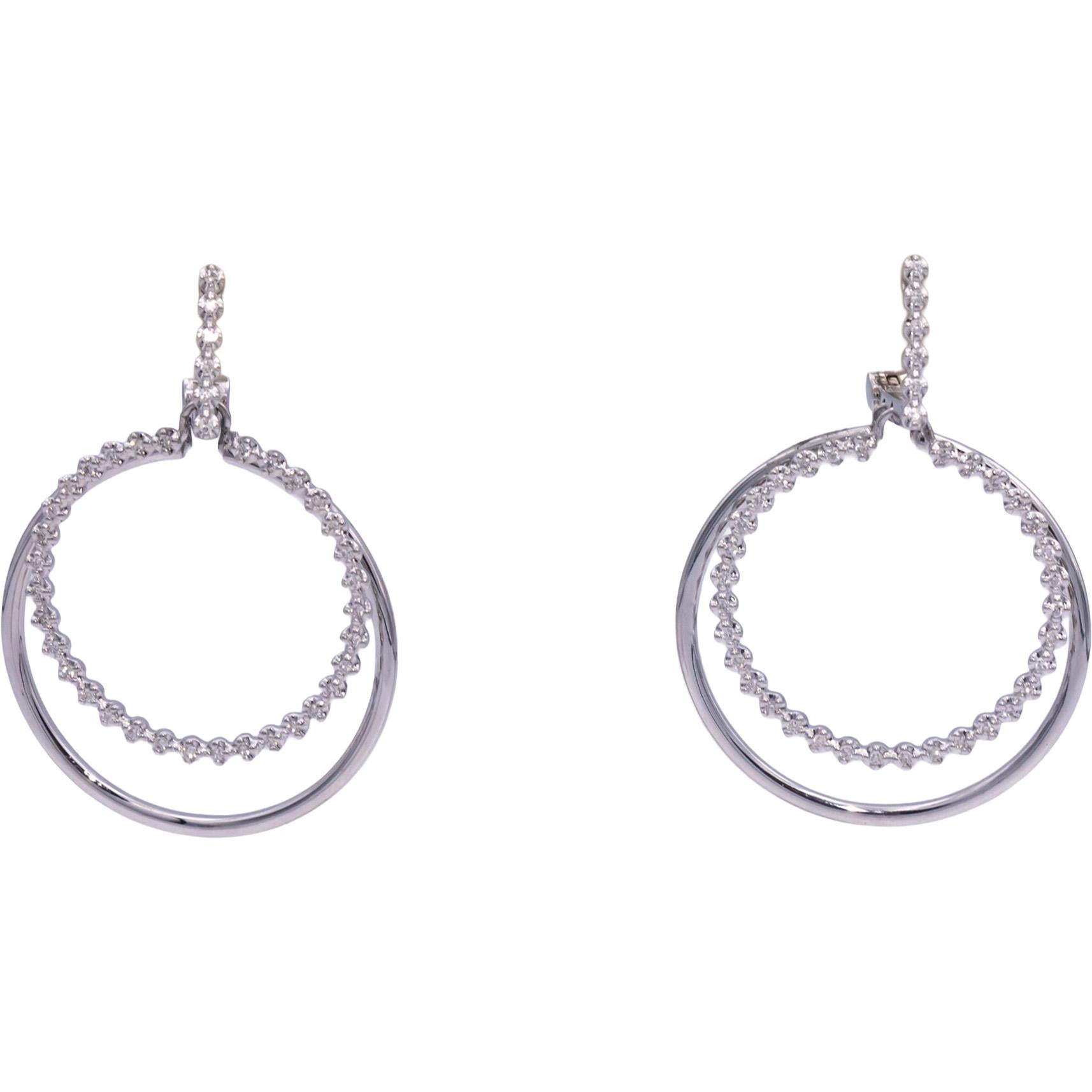 14k White Gold Diamond Double Circle Dangle Hoop Earrings 0.45CT