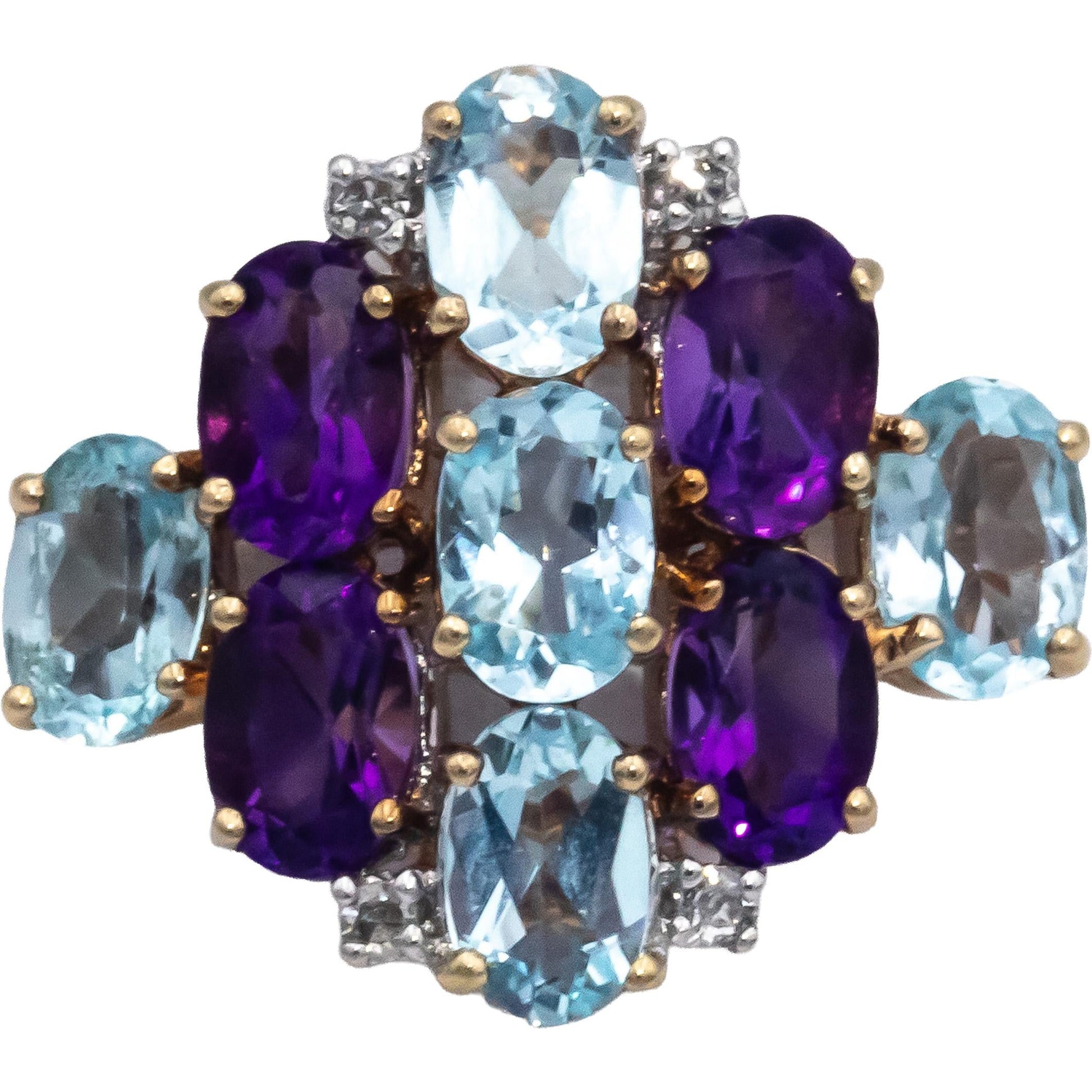 10k Yellow Gold 5.03CT Diamond Topaz Amethyst Cluster Cocktail Ring Size 6.5
