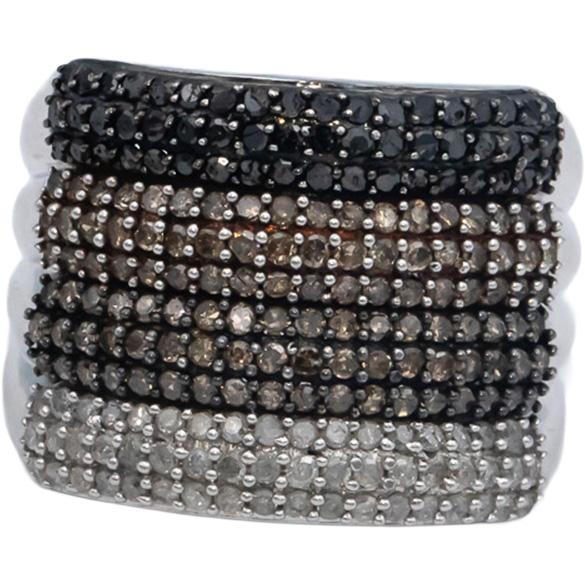 10k White Gold 1.10CT White Brown Black Diamond Wide Band Ring Size 7