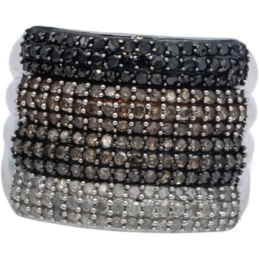 10k White Gold 1.10CT White Brown Black Diamond Wide Band Ring Size 7