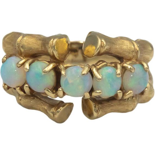 Vintage 14k Yellow Gold Cabochon Opal Bamboo Style Ring 1.0CT Size 6