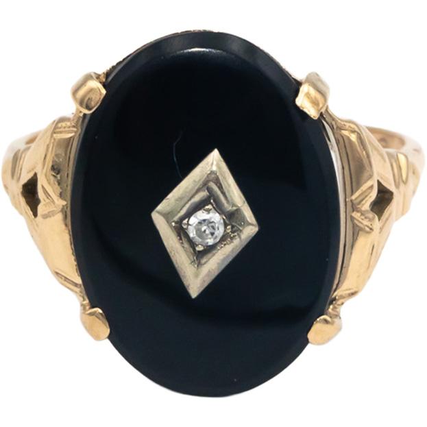 Vintage 10k Yellow Gold 0.01CT Diamond and Onyx Ring Size 8.75