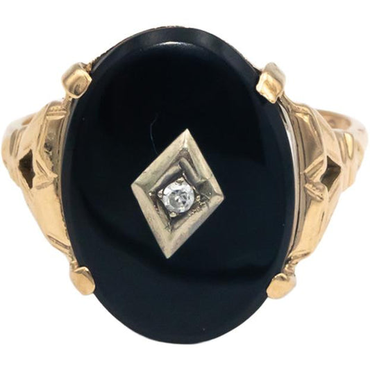 Vintage 10k Yellow Gold 0.01CT Diamond and Onyx Ring Size 8.75