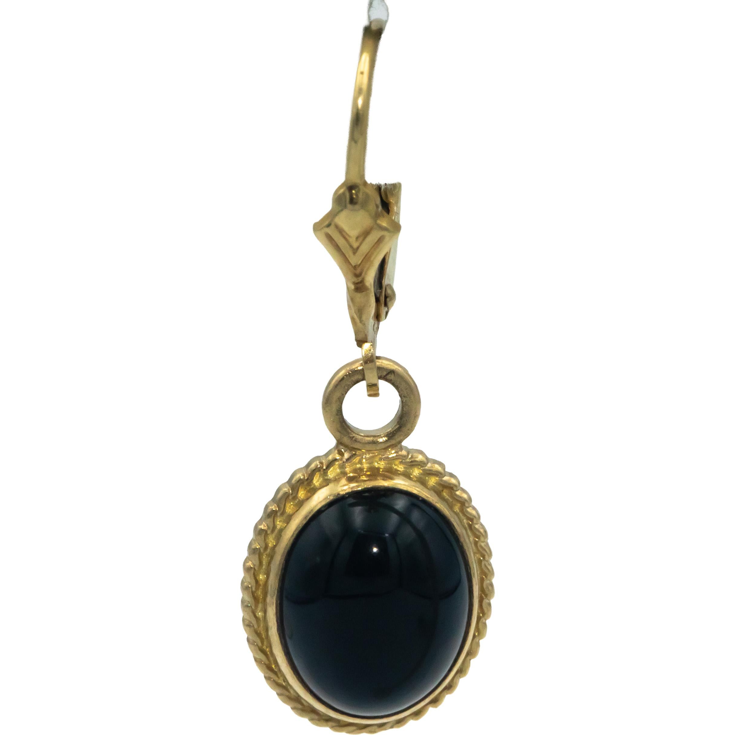 14k Yellow Gold Oval Cabochon Cut Bezel Set Onyx Drop Dangle Earrings