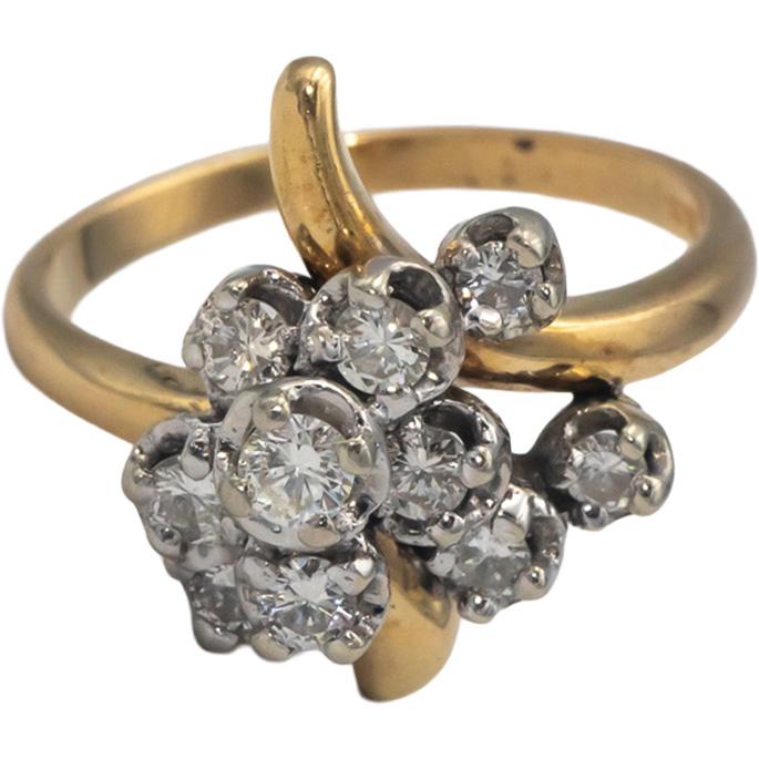 14k Yellow and White Gold 0.60CT Diamond Cluster Cocktail Ring Size 7.5