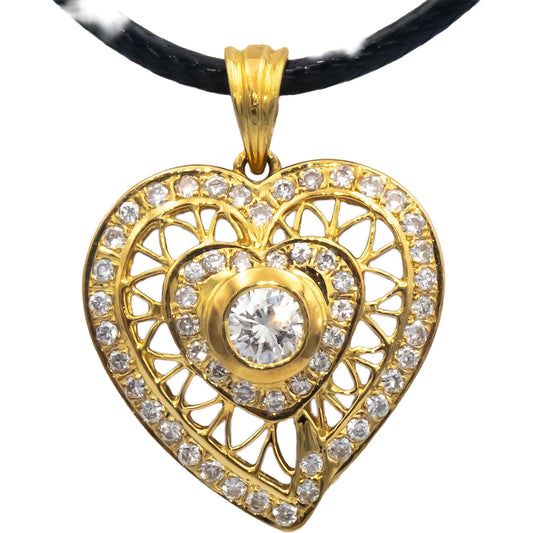 18k Yellow Gold 0.55CT Diamond Heart Pendant Necklace w/ 0.25CT Center