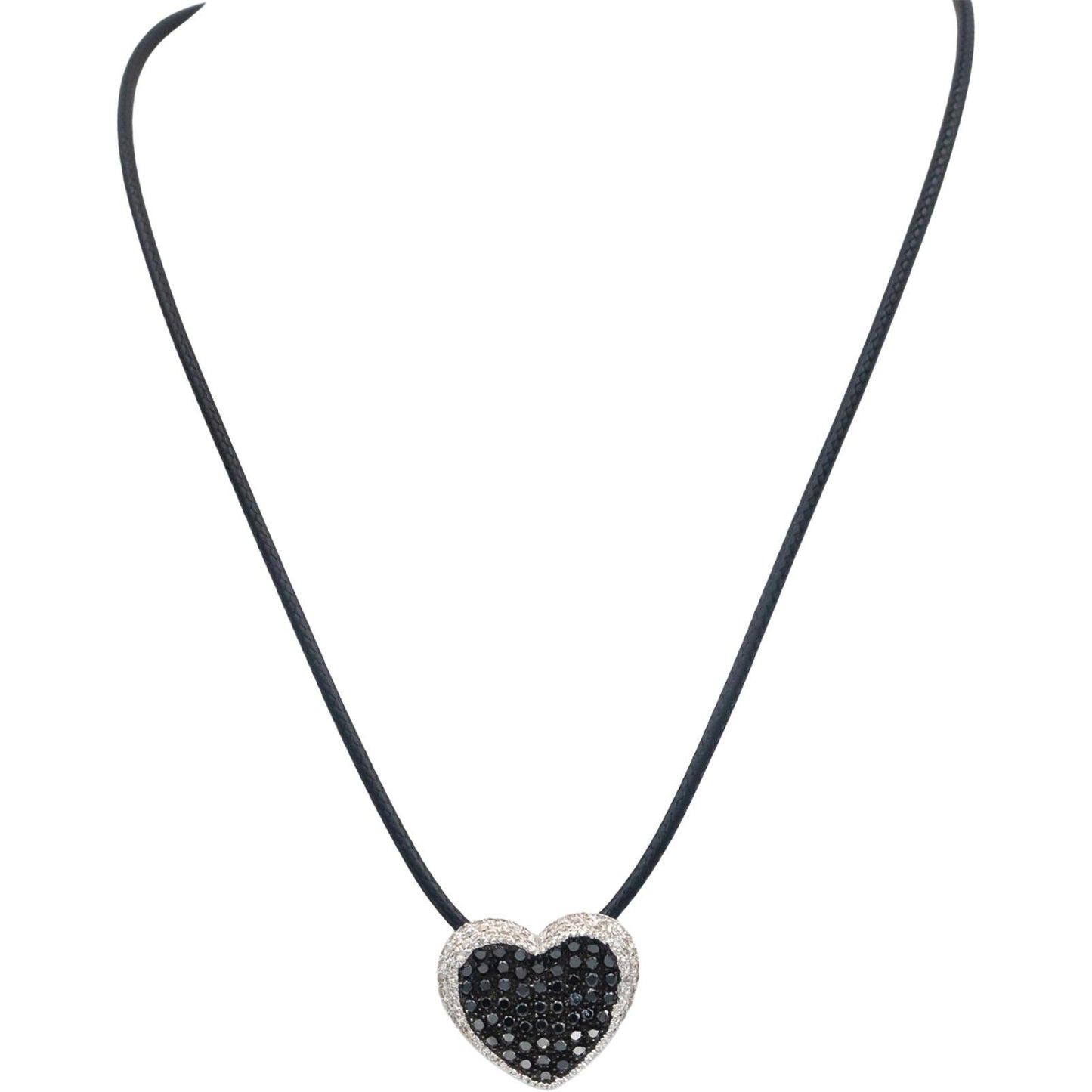 18k White Gold 1.50CT White and Black Diamond Cluster Heart Pendant Necklace