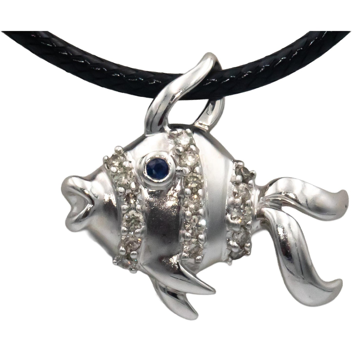 14k White Gold 0.20CT Diamond Tropical Fish Pendant Necklace w/ Sapphire Eye