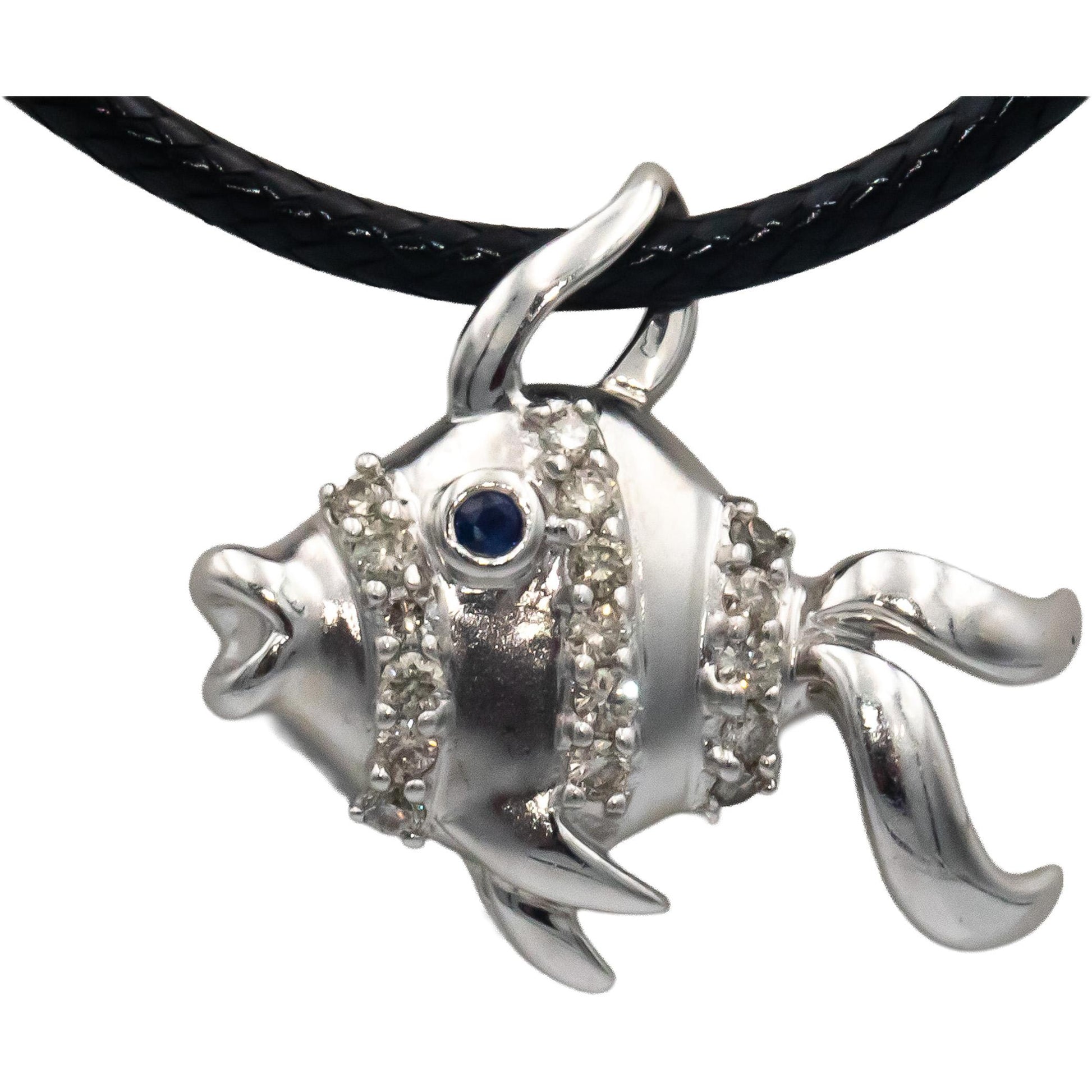 14k White Gold 0.20CT Diamond Tropical Fish Pendant Necklace w/ Sapphire Eye