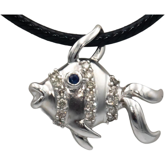 14k White Gold 0.20CT Diamond Tropical Fish Pendant Necklace w/ Sapphire Eye