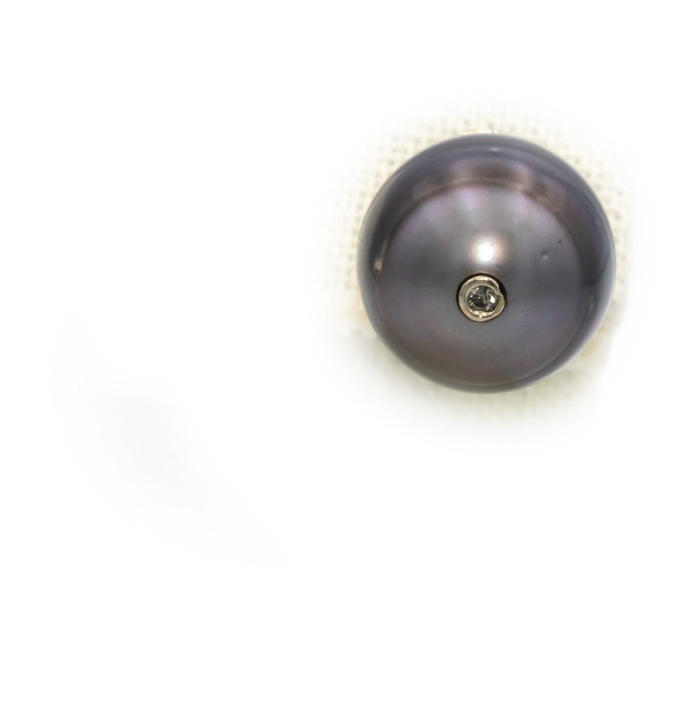 14k Gold 15.7mm Black Tahitian Pearl and 0.04CT Diamond Accent Stud Earrings