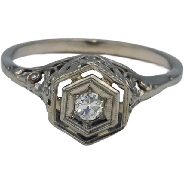 Vintage Antique 14k White Gold 0.10CT VS Old Euro Diamond Filigree Ring Size 7.5