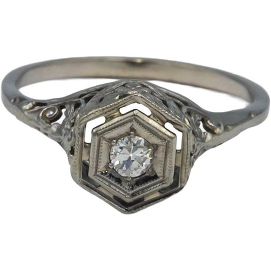 Vintage Antique 14k White Gold 0.10CT VS Old Euro Diamond Filigree Ring Size 7.5