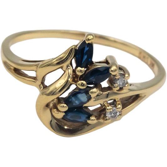 14k Yellow Gold 0.27CT Diamond and Blue Sapphire Floral Ring Size 7.75