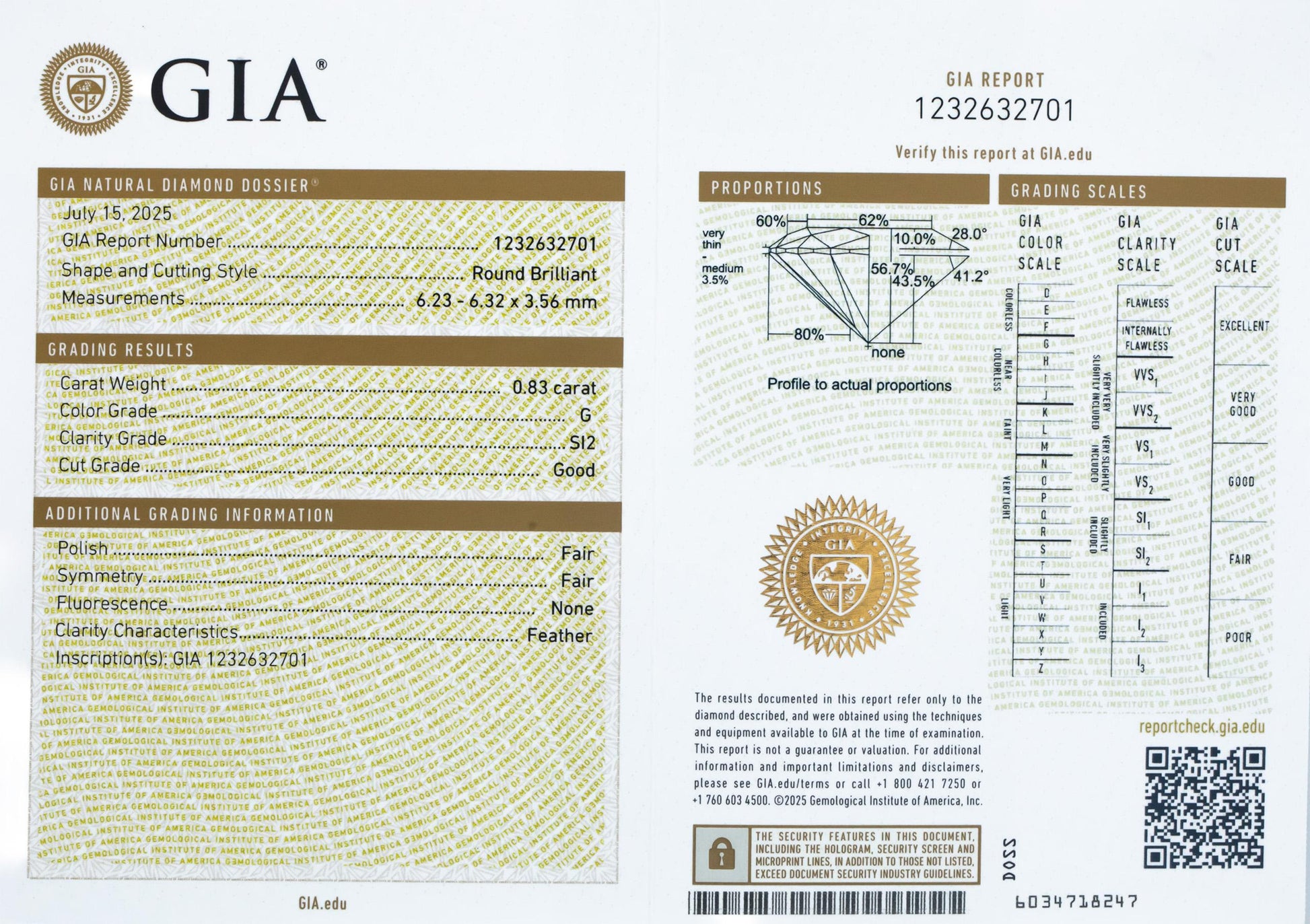 GIA Certified 0.83CT SI2/G Round Brilliant Cut Loose Diamond w/ Report