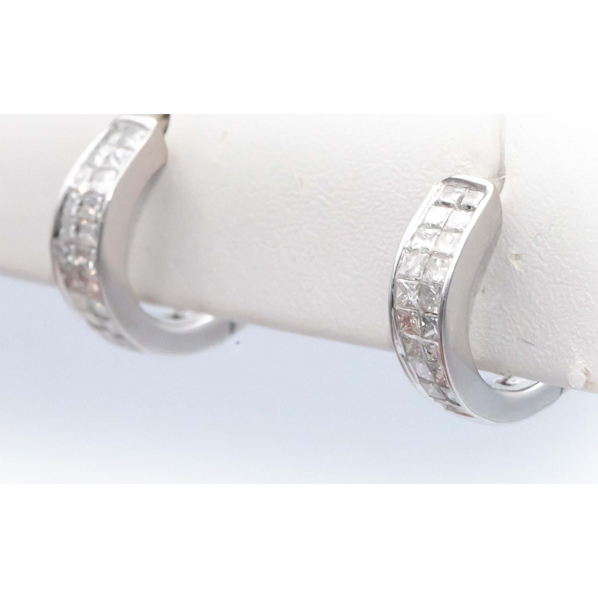 14k White Gold 1.0CT Princess Cut Diamond Hoop Huggie Earrings