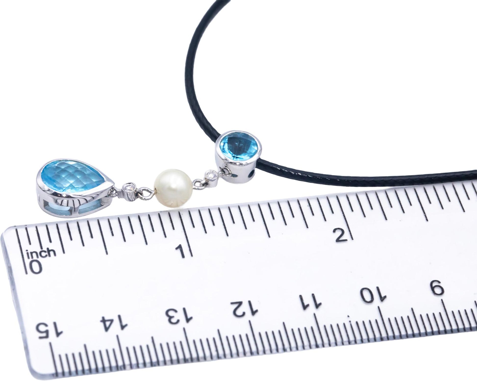 14k White Gold 2.02CT Diamond Blue Topaz 6mm Pearl Pendant Necklace