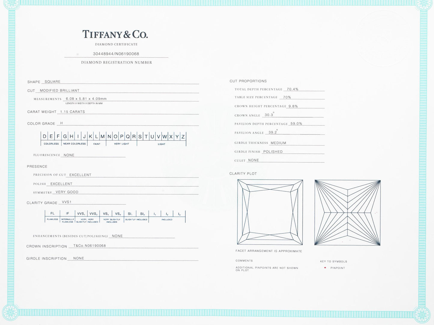 $18500 TIFFANY & CO Platinum Princess H/VVS1 Diamond Engagement Ring 1.31CT