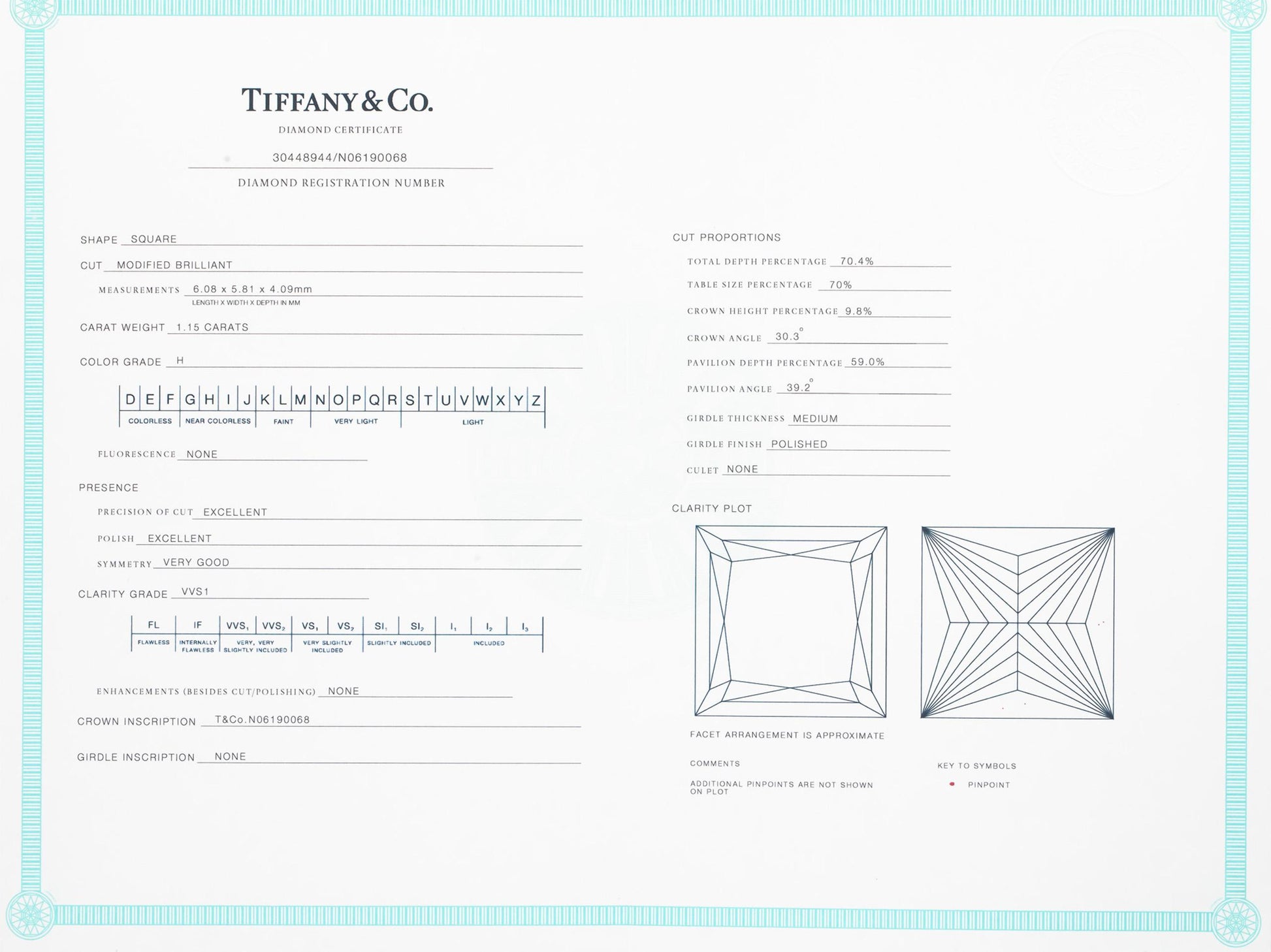 $18500 TIFFANY & CO Platinum Princess H/VVS1 Diamond Engagement Ring 1.31CT
