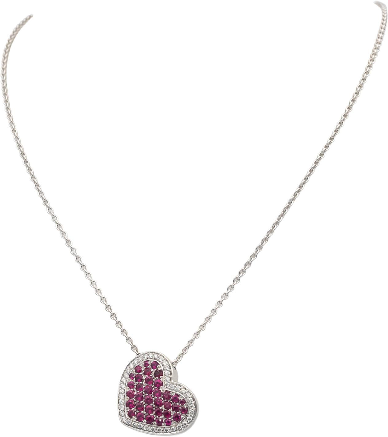 BIRKS 18k White Gold 1.46CT Diamond & Ruby Cluster Heart Pendant Chain Necklace
