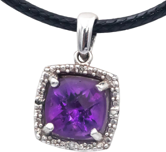 14k White Gold 1.53CT Amethyst and Diamond Halo Pendant Necklace