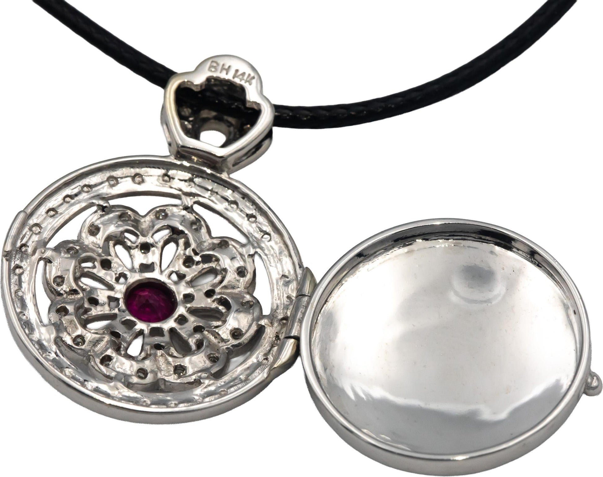 14k White Gold 0.50CT Diamond and Ruby Illusion Setting Locket Pendant Necklace
