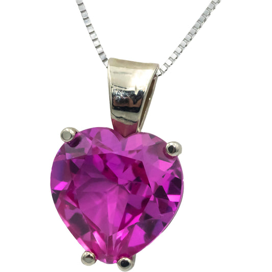 14k White Gold 14.0CT Heart Cut Simulated Pink Sapphire Pendant Necklace