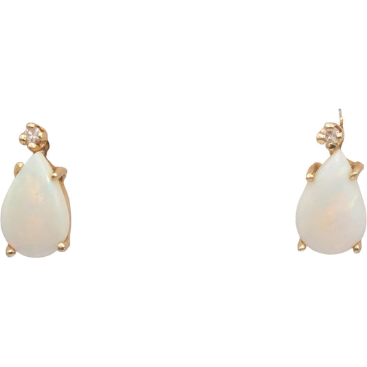 14k Yellow Gold 1.25CT Cabochon Opal Stud Earrings w/ Round Diamond Accents