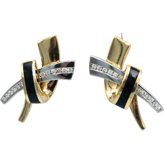 14k Yellow & White Gold Diamond and Black Onyx Abstract Earrings 0.50CT