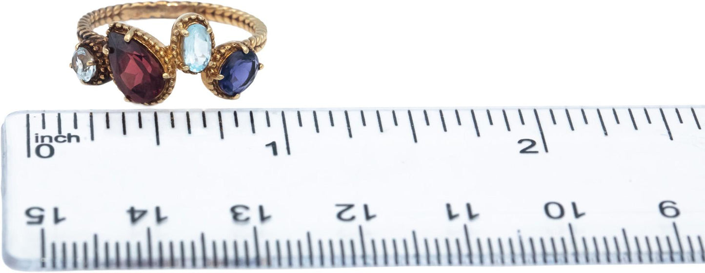 14k Yellow Gold Garnet Blue Topaz Amethyst Cocktail Ring 2.0CT Size 7