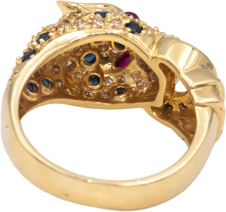 Diamond and Sapphire 14k Yellow Gold Panther Ring w/ Ruby Eyes 1.0CT Size 7