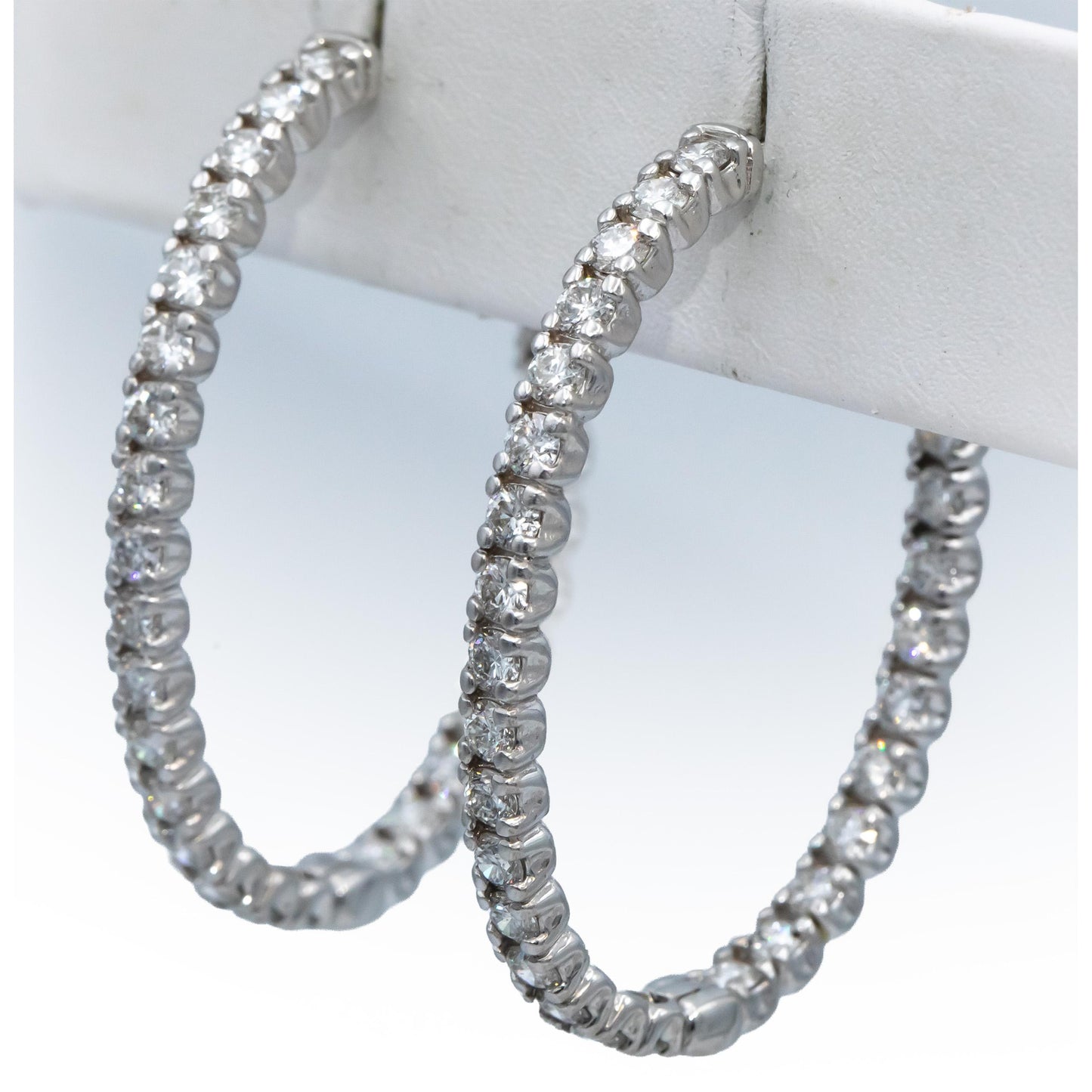 18k White Gold Round Bezel Set Diamond Inside Out Oval Hoop Earrings 5.46CT