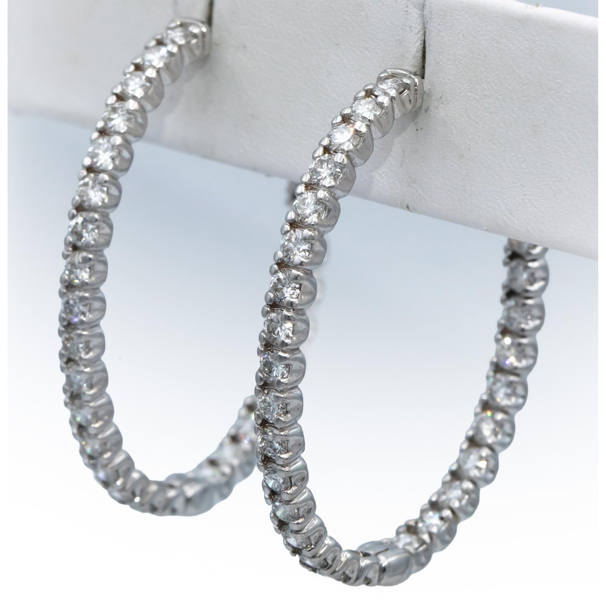 18k White Gold Round Bezel Set Diamond Inside Out Oval Hoop Earrings 5.46CT