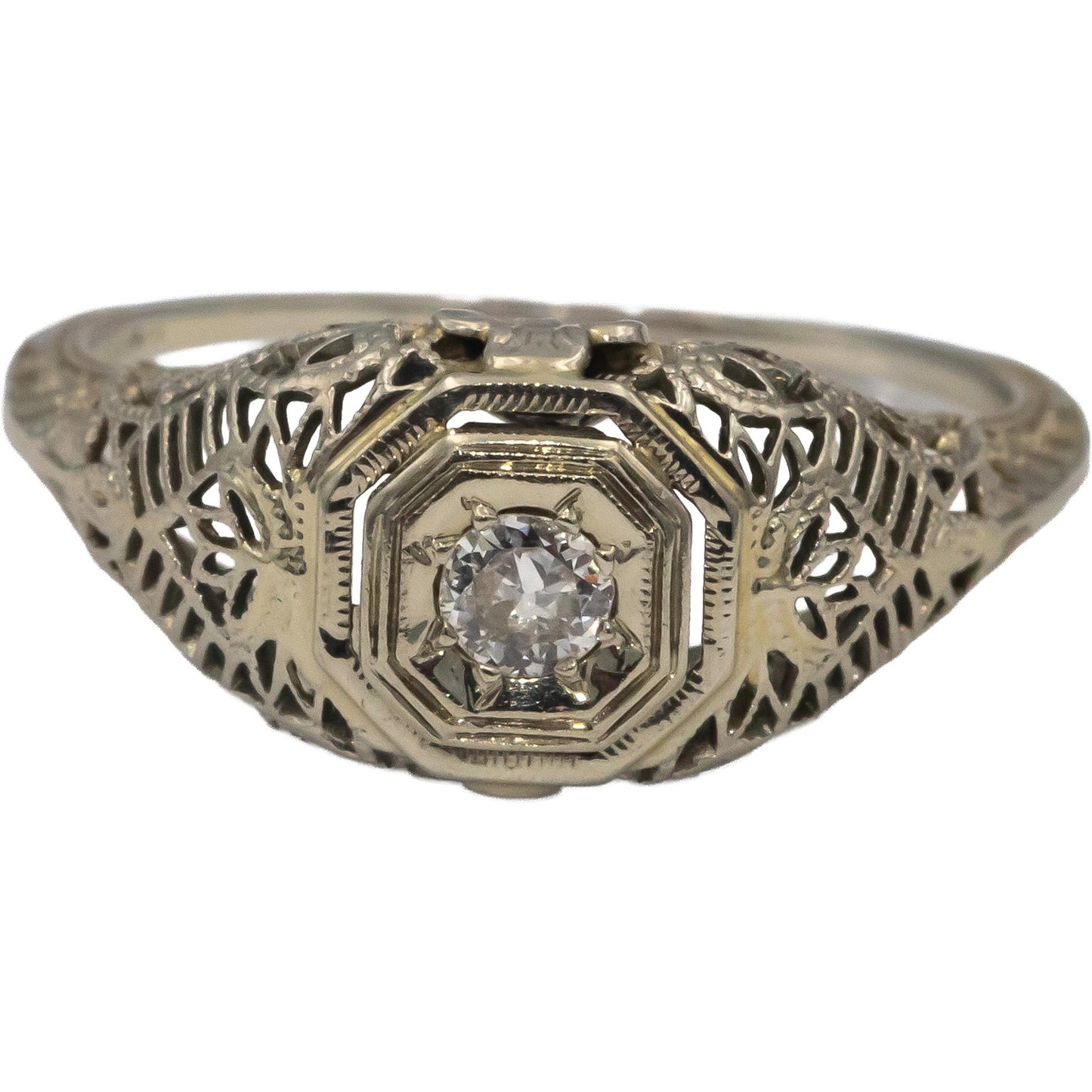 Vintage Antique 18k White Gold VS Diamond Solitaire Filigree Ring 0.10CT Size 8