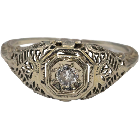 Vintage Antique 18k White Gold VS Diamond Solitaire Filigree Ring 0.10CT Size 8