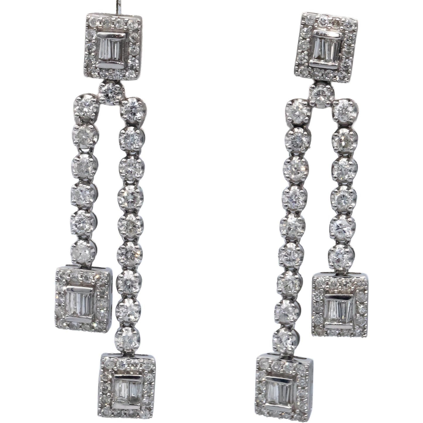 14k White Gold Round & Baguette Cut Diamond Drop Dangle Earrings 2.25CT