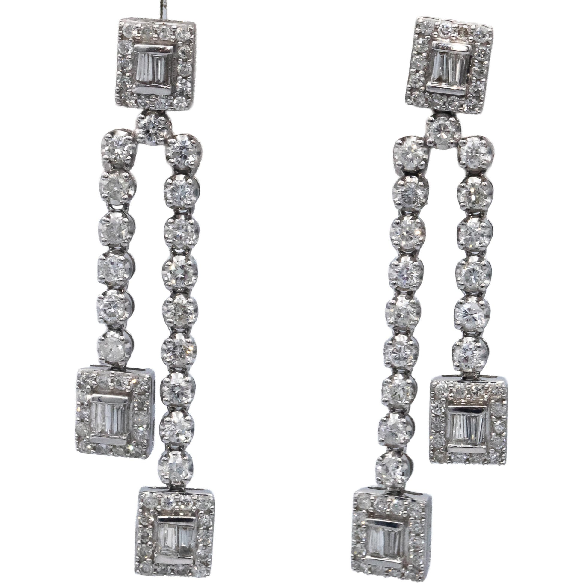 14k White Gold Round & Baguette Cut Diamond Drop Dangle Earrings 2.25CT