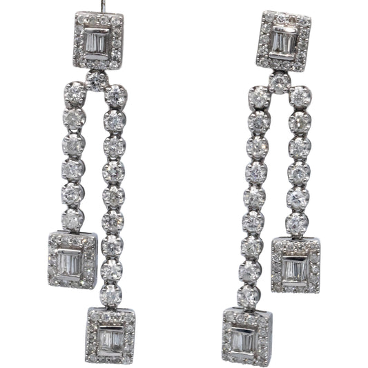 14k White Gold Round & Baguette Cut Diamond Drop Dangle Earrings 2.25CT