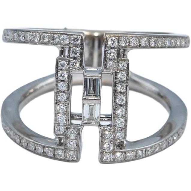 18k White Gold Round & Baguette Cut Diamond Cocktail Ring 0.45CT Size 7