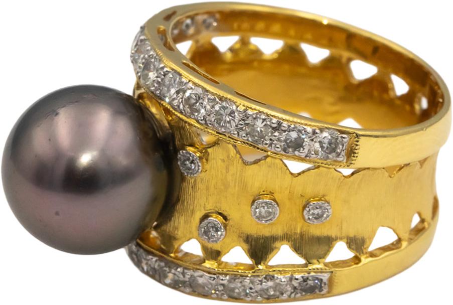 18k Yellow Gold VS Round Diamond & 11.2mm Black Tahitian Pearl Ring 1.0CT Size 8