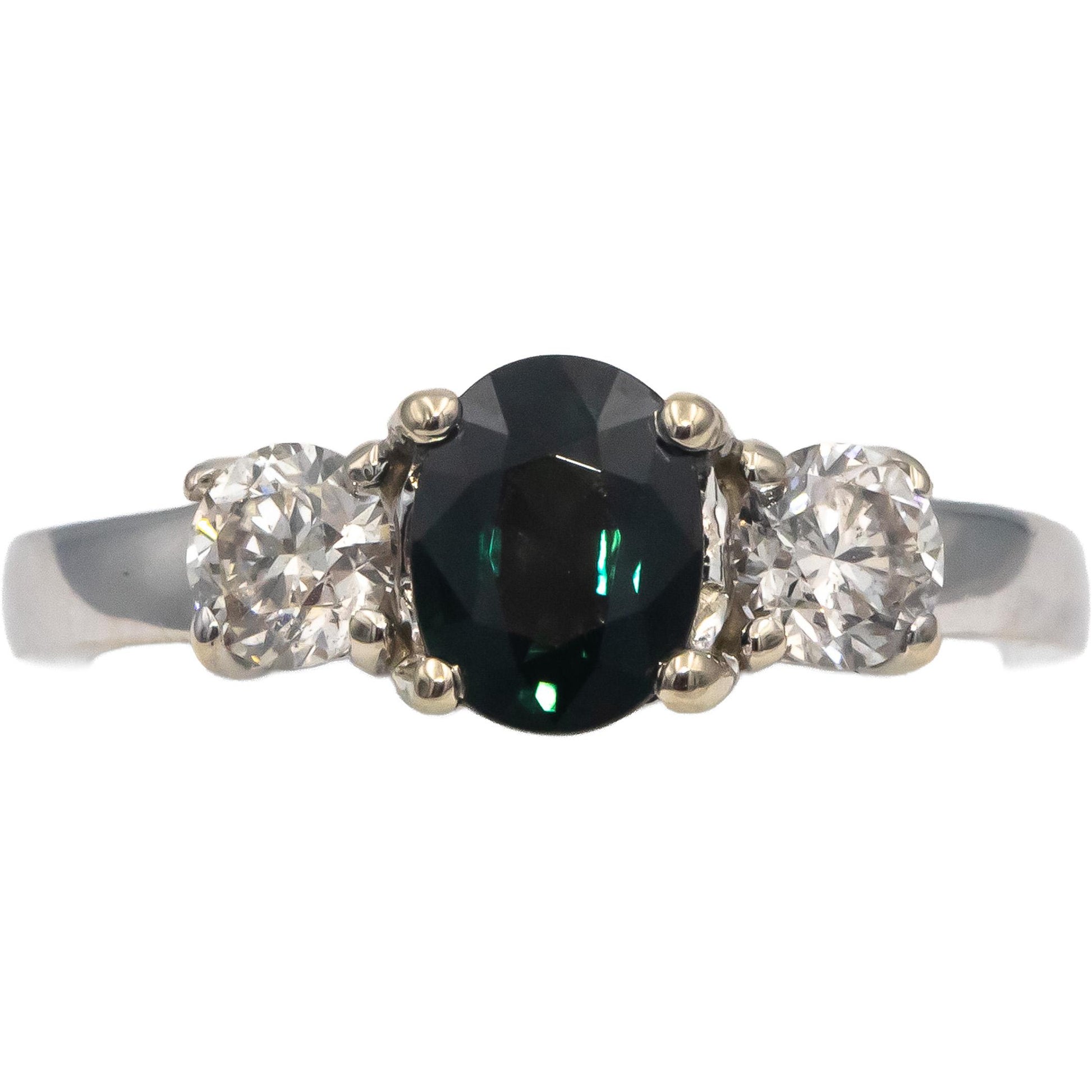 14k White Gold Oval Sapphire & Round Diamond Three Stone Engagement Ring 1.72CT